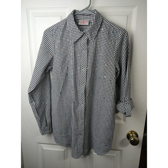 Quacker Factory Woman XXS Shirt Black White Checked Rhinestone Seer Sucker Long - Picture 1 of 9